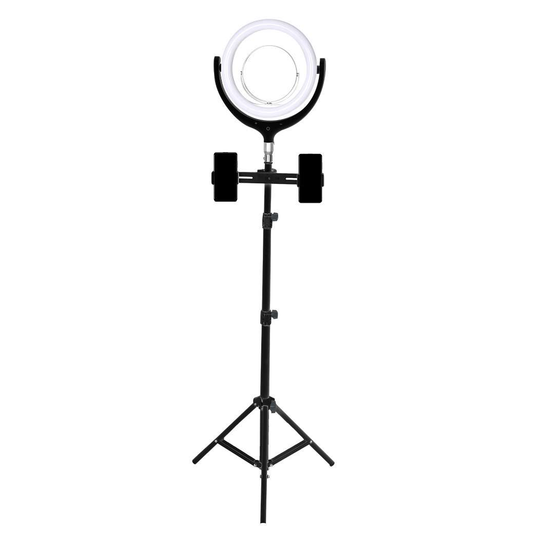 LED Ring Light with Tripod Stand and Phone Holder, showcasing adjustable brightness and color temperature features.